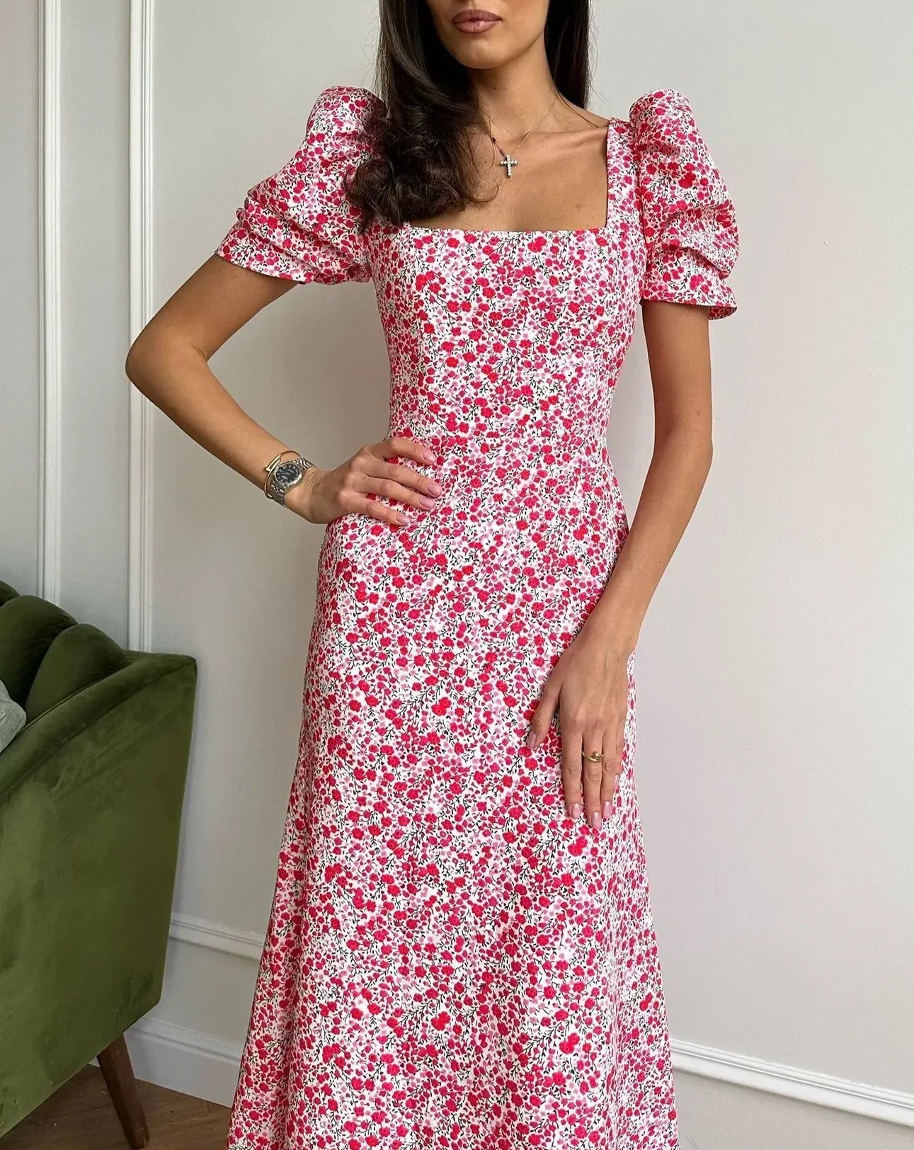 Midi-jurk met witte bloemenprint