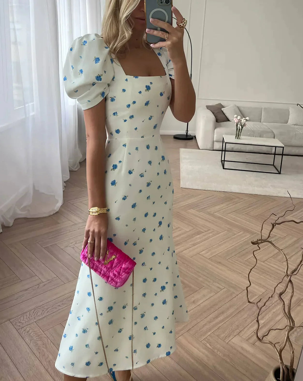 Midi-jurk met witte bloemenprint